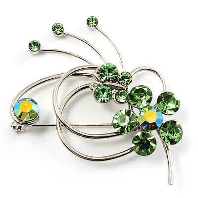 Green Crystal Flower And Butterfly Brooch (Silver Tone) - main view