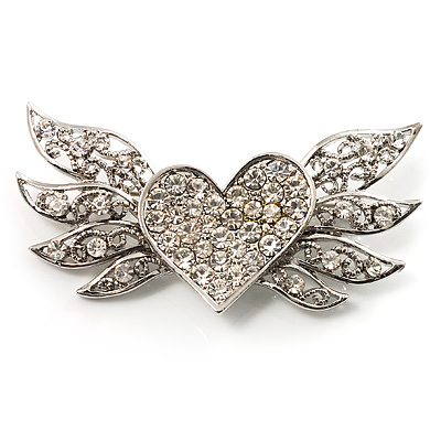 Small Heart & Wings Clear Crystal Fashion Brooch - main view