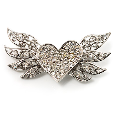 Small Heart & Wings Clear Crystal Fashion Brooch