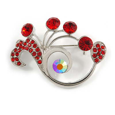 Fancy Red Crystal Brooch (Silver Tone) - main view