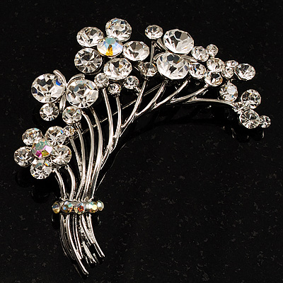 Flower And Butterfly Cluster Crystal Brooch (Clear) - main view