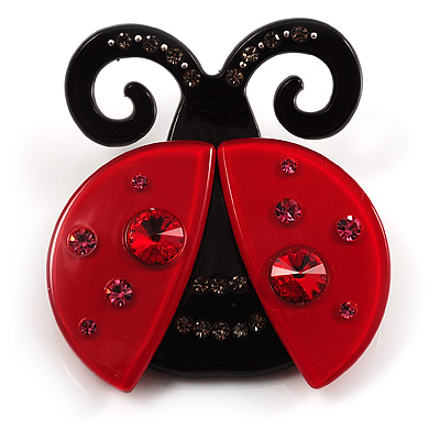 Funky Swarovski Crystal Plastic Lady-Bug Brooch (Black&Red) - main view