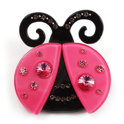Funky Swarovski Crystal Plastic Lady-Bug Brooch (Black&Deep Pink) - main view