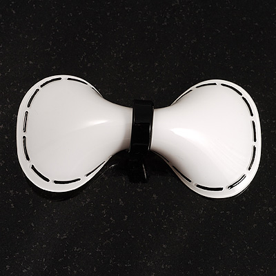 White & Black Plastic Bow Brooch - main view
