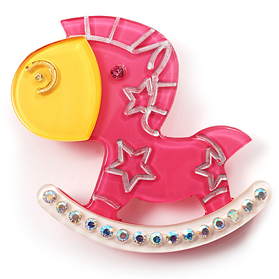 Rocking Horse Plastic Crystal Brooch (Deep Pink, Yellow& White) - main view