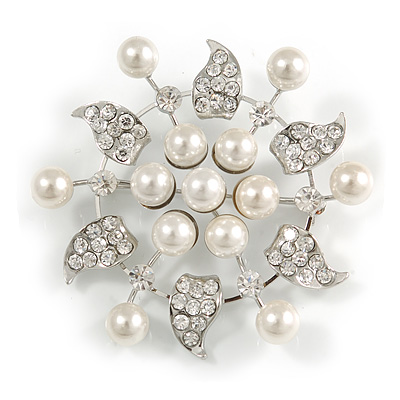 Bridal White Faux Pearl Floral Brooch - main view