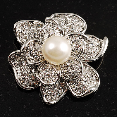 Bridal Faux Pearl Crystal Flower Brooch (Silver-Tone) - main view
