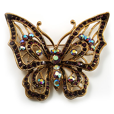 Vintage Purple Crystal Butterfly Brooch (Antique Gold) - main view