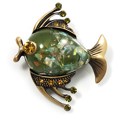 Vintage Crystal Fish Brooch (Antique Gold&Olive) - main view