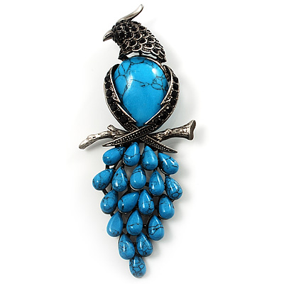 Gigantic Turquoise Stone & Black Crystal Bird Brooch (Antique Silver) - main view