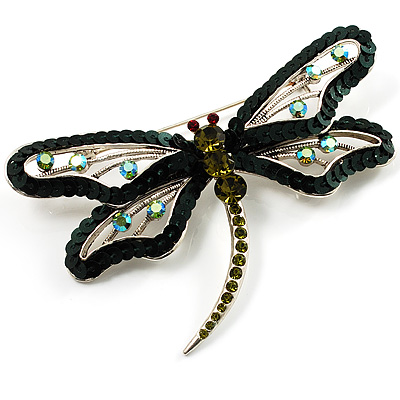 Jumbo Sequin Dragonfly Brooch (Silver, Green&Olive) - main view