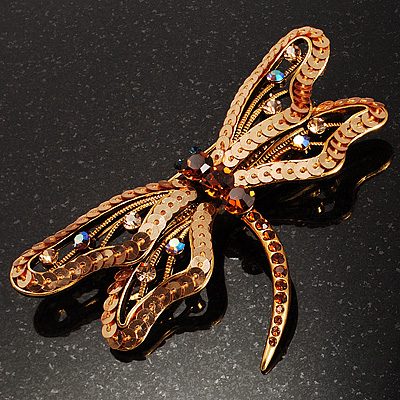 Jumbo Sequin Dragonfly Brooch (Gold Tone & Amber Coloured) - main view