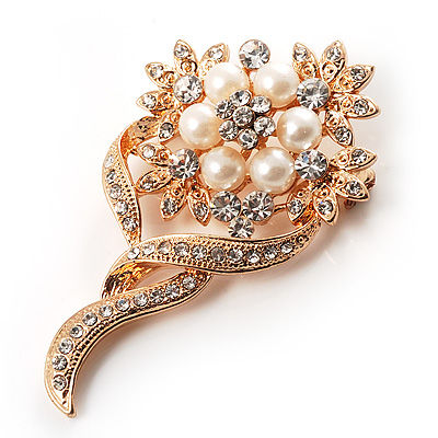 Bridal Faux Pearl Crystal Floral Brooch (Gold Tone) - main view