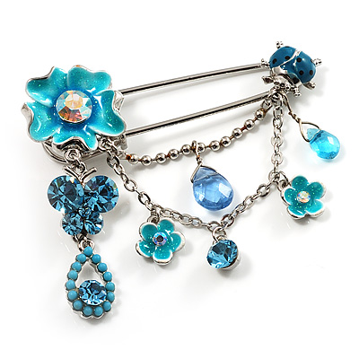Blue Floral Charm Safety Pin Brooch (Flower, Butterfly&Ladybird) - main view