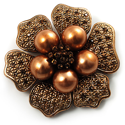 6-Petal Imitation Pearl Floral Brooch (Copper&Gold Brown) - main view