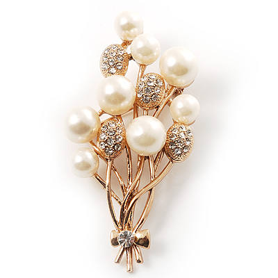 Faux Pearl Floral Brooch (Gold & White) - main view