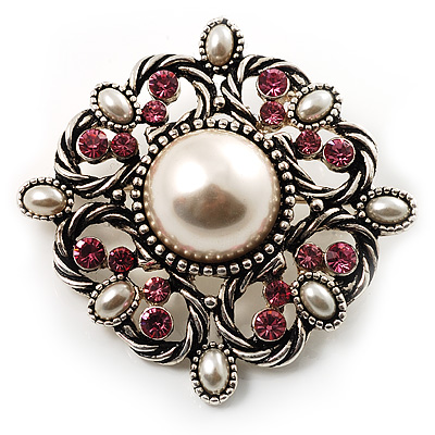 Wedding Corsage Faux Pearl Crystal Brooch (Antique Silver)