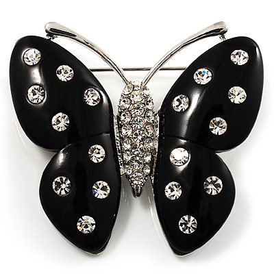 Large Black Resin Butterfly Brooch (Silver Tone) - main view