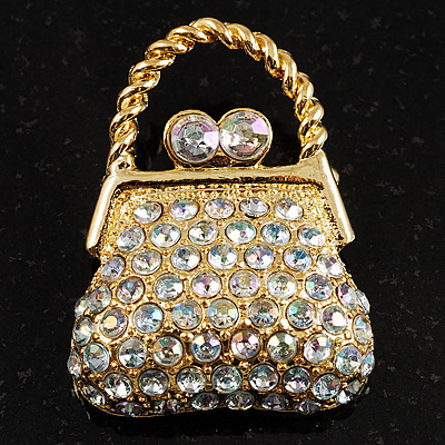 Clear Crystal Ladys Bag Brooch (Gold Tone) - main view