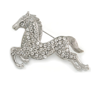 Clear Crystal Galloping Horse Brooch (Silver Tone) - main view