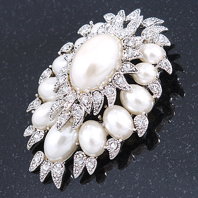 Avalaya Oversized Vintage Corsage Faux Pearl Brooch (Light Cream) - 75mm Tall