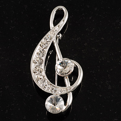 Silver Tone Crystal Music Treble Clef Brooch - main view