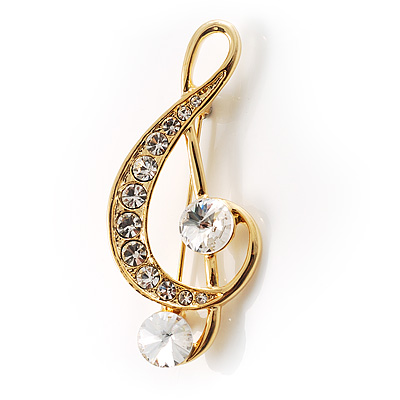 Gold Tone Crystal Music Treble Clef Brooch - main view