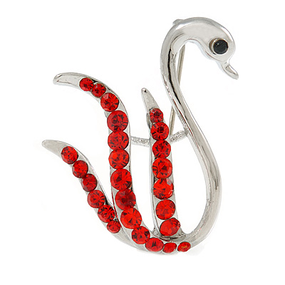 Red Crystal Swan Brooch (Silver Tone) - main view