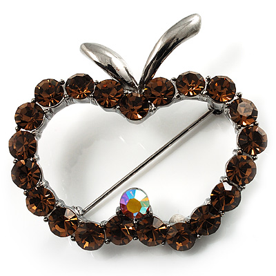 Amber Coloured Crystal Open-Apple Brooch (Silver Tone)