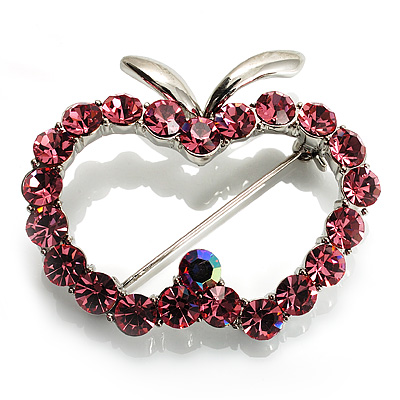 Pink Crystal Open-Apple Brooch (Silver Tone) - main view