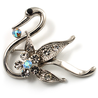 Graceful Clear Crystal Swan Brooch (Silver Tone) - main view