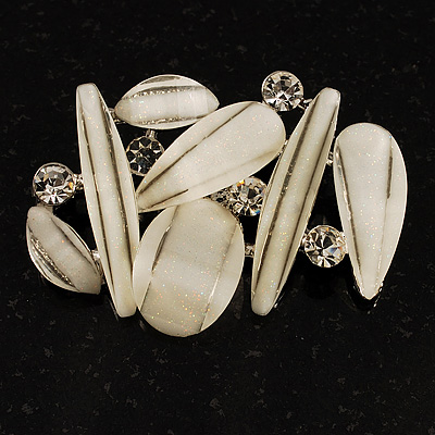 Art Deco White Resin Brooch (Silver&Clear) - main view