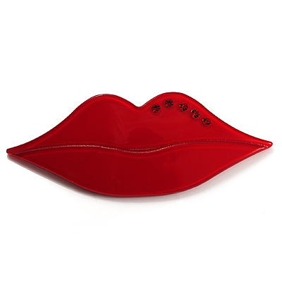 Hot Red Plastic Crystal Lips Brooch - main view