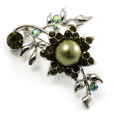 Faux Pearl Floral Brooch (Silver&Olive Green) - main view