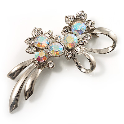 Rhodium Plated AB Crystal Floral Brooch - main view