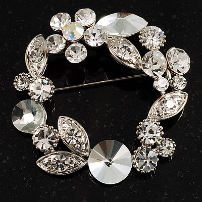 Clear Crystal Floral Wreath Brooch (Silver Tone) - main view