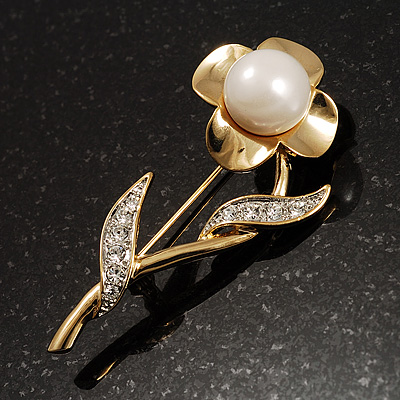 Gold Tone Faux Pearl Daisy Brooch - main view