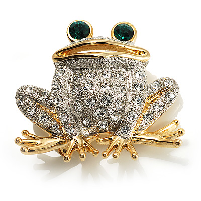 Lucky Frog With Emerald-Green Crystal Eyes Brooch (Silver&Gold Tone) - main view