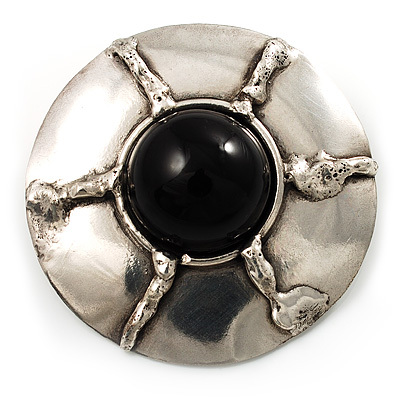 Round Stainless Steel Brooch with Black Onyx Stone - main view