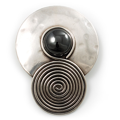 Round Black Onyx Brooch with Circular Stainless Steel Vortex - main view