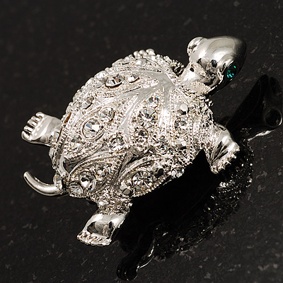 Small Crystal Turtle Brooch (Silver Tone) - main view