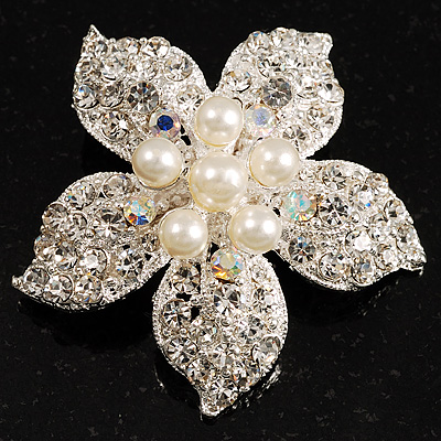 Bridal Imitation Pearl Crystal Flower Brooch (Silver Tone)