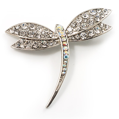 Classic Clear/ AB Crystal Dragonfly Brooch in Silver Tone - 65mm - main view