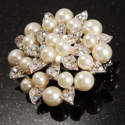 Stunning Wedding Pearl Style AB Crystal Corsage Brooch Silver Tone