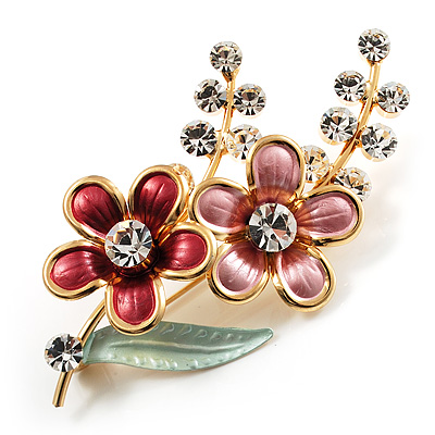 Gold Tone Enamel Crystal Floral Brooch (Pink&Red) - main view