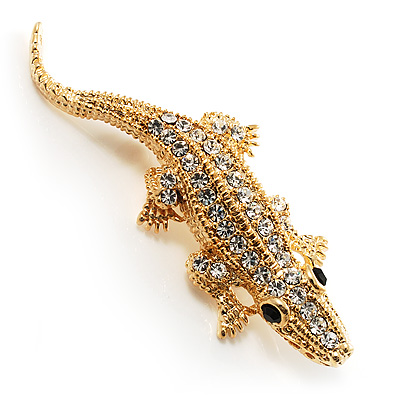 Small Crystal Crocodile Brooch (Gold Tone) - main view
