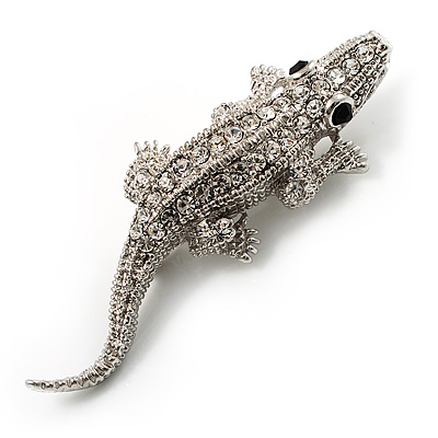 Small Crystal Crocodile Brooch (Silver Tone) - main view