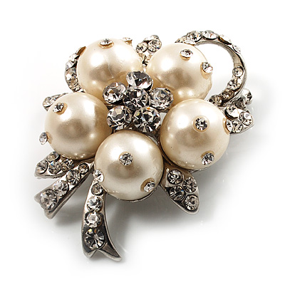 Small Bridal Faux Pearl Floral Brooch (Silver Tone)