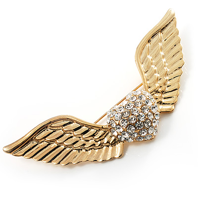 Crystal Heart And Wings Brooch (Gold Tone) - main view