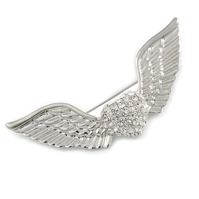 Crystal Heart And Wings Brooch (Silver Tone) - main view